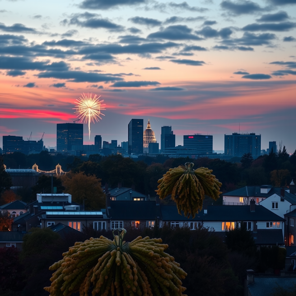 A panoramic view of London's skyline at dusk during autumn, with vibrant fireworks from a Bonfire Night celebration illuminating the sky over Richmond Park.