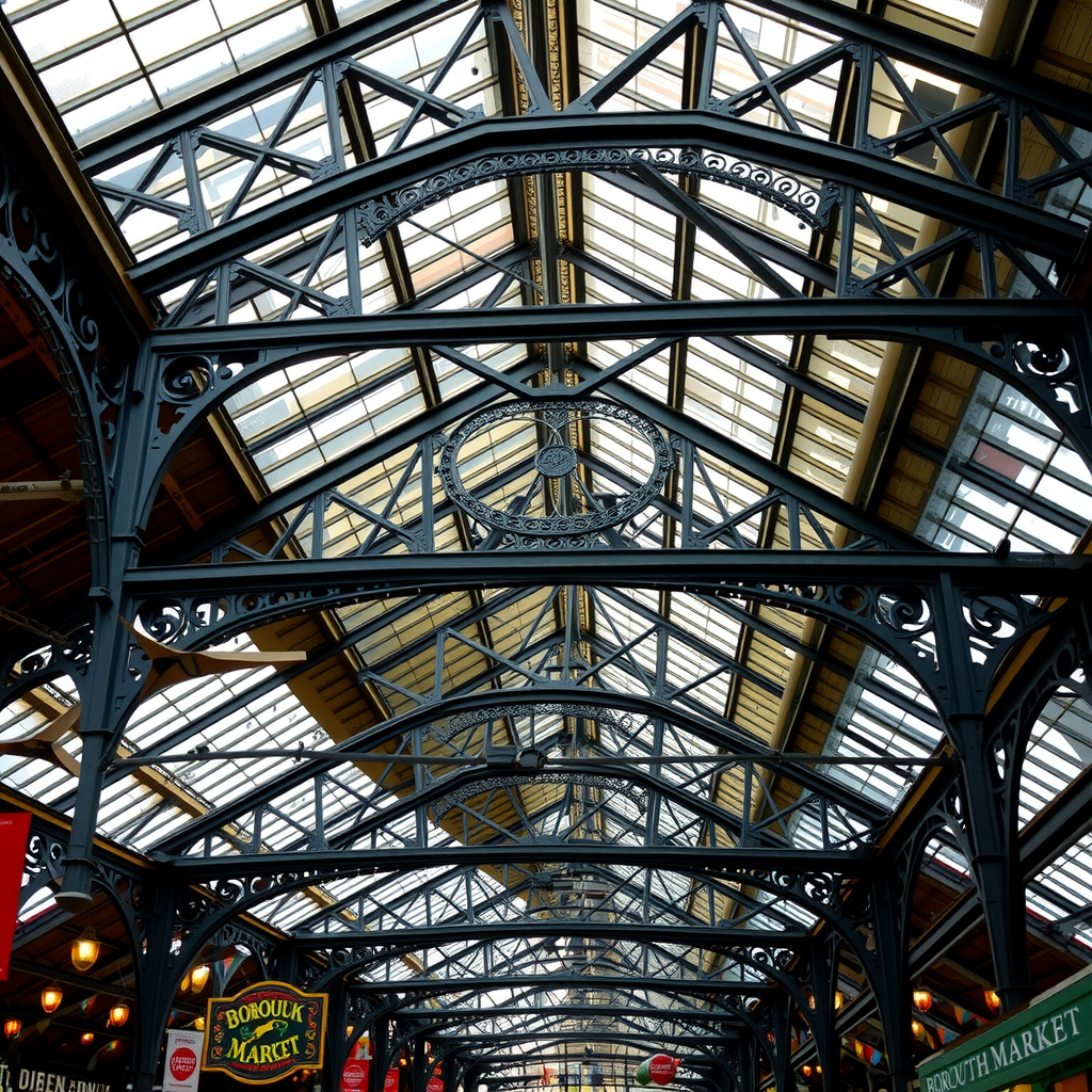 The intricate Victorian ironwork architecture of Borough Market's roof, highlighting its historical significance.
