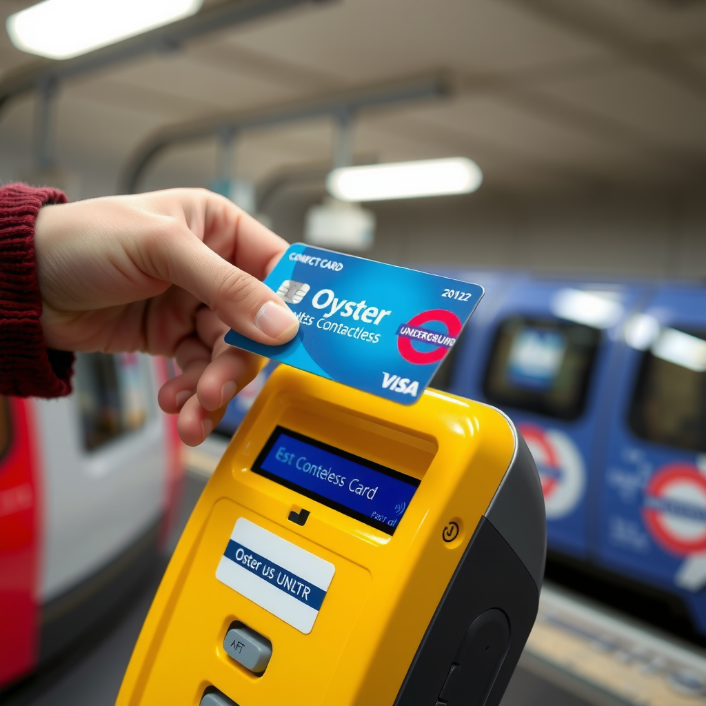 A person's hand holding a contactless credit card over a yellow Oyster card reader to enter the London Underground.