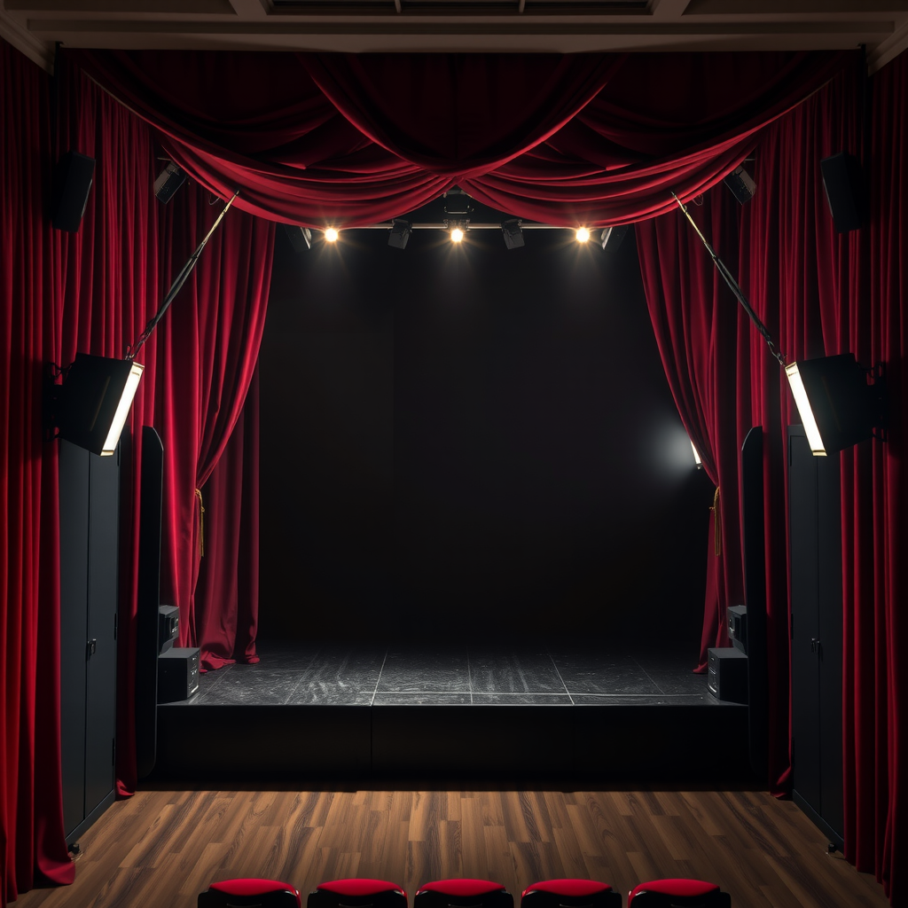 An intimate view of a small, independent theatre stage in Camden, with red velvet curtains and dramatic lighting.