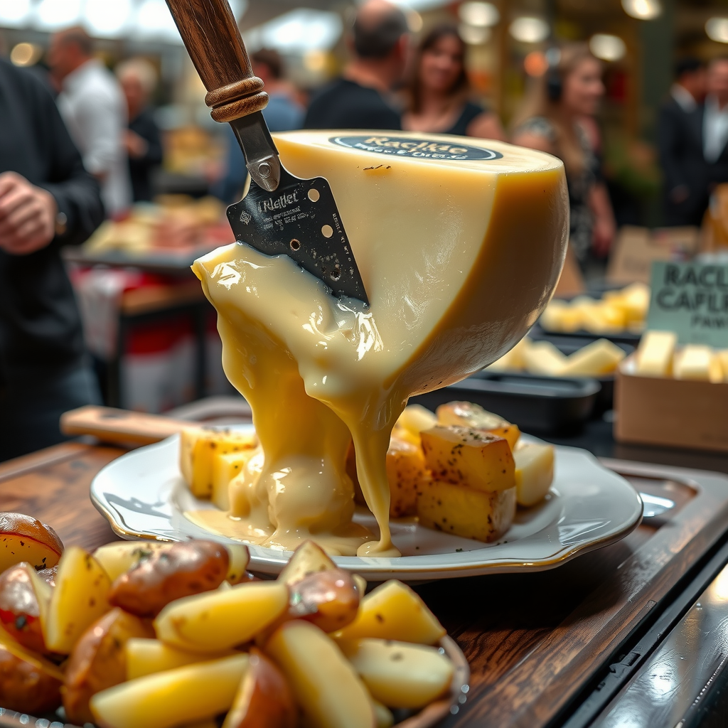 Melted raclette cheese being scraped from a large wheel onto a plate of new potatoes at a stall in Borough Market.