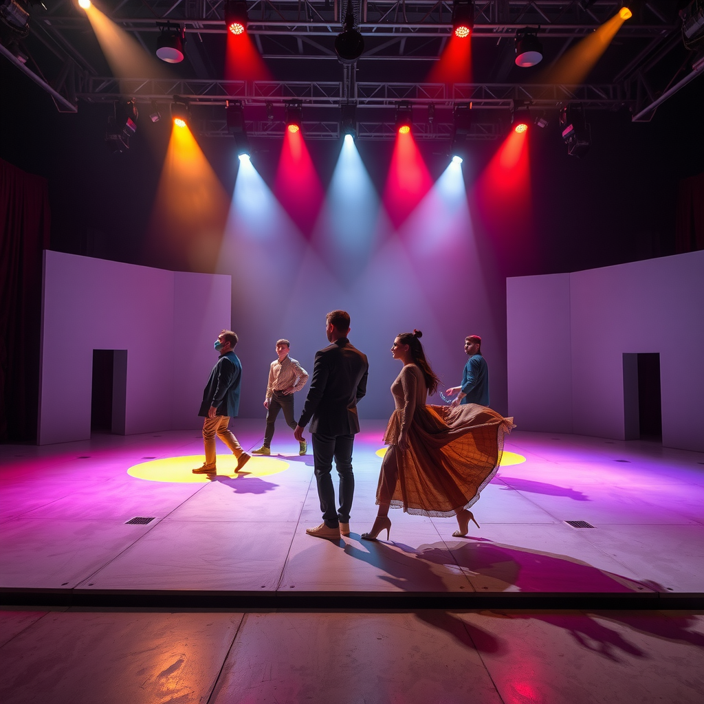 A dynamic and abstract performance on a minimalist stage in Camden, with actors in modern costumes under dramatic, colourful lighting.