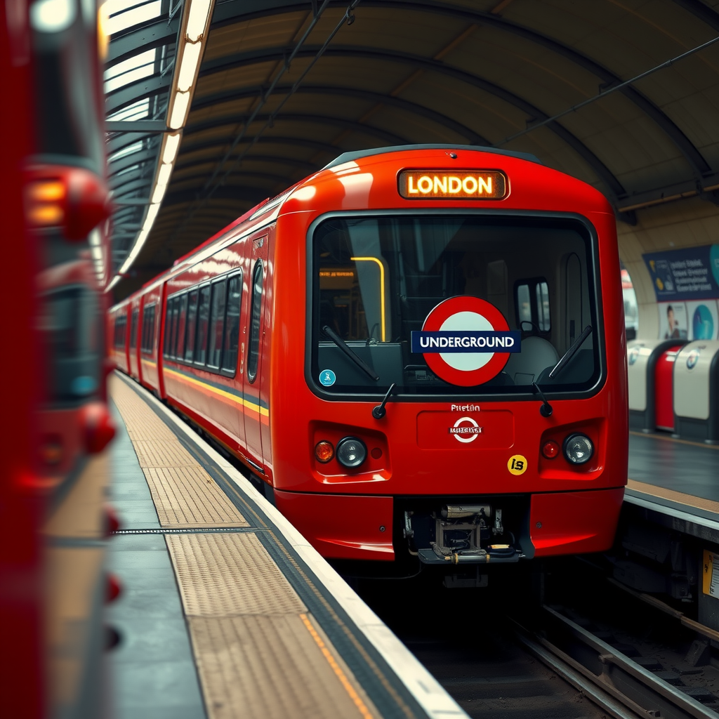 A classic red London Underground train pulling into a station platform, with the iconic roundel sign visible.