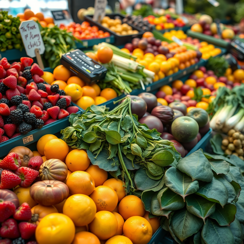A vibrant and colorful display of fresh organic fruits and vegetables at a stall in Borough Market, including berries, citrus, and leafy greens.