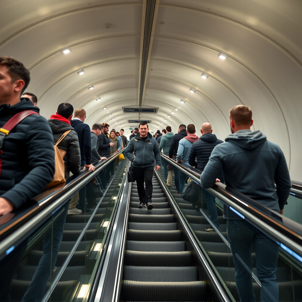 Commuters on a long escalator in a London Tube station, correctly standing on the right to allow others to walk on the left.