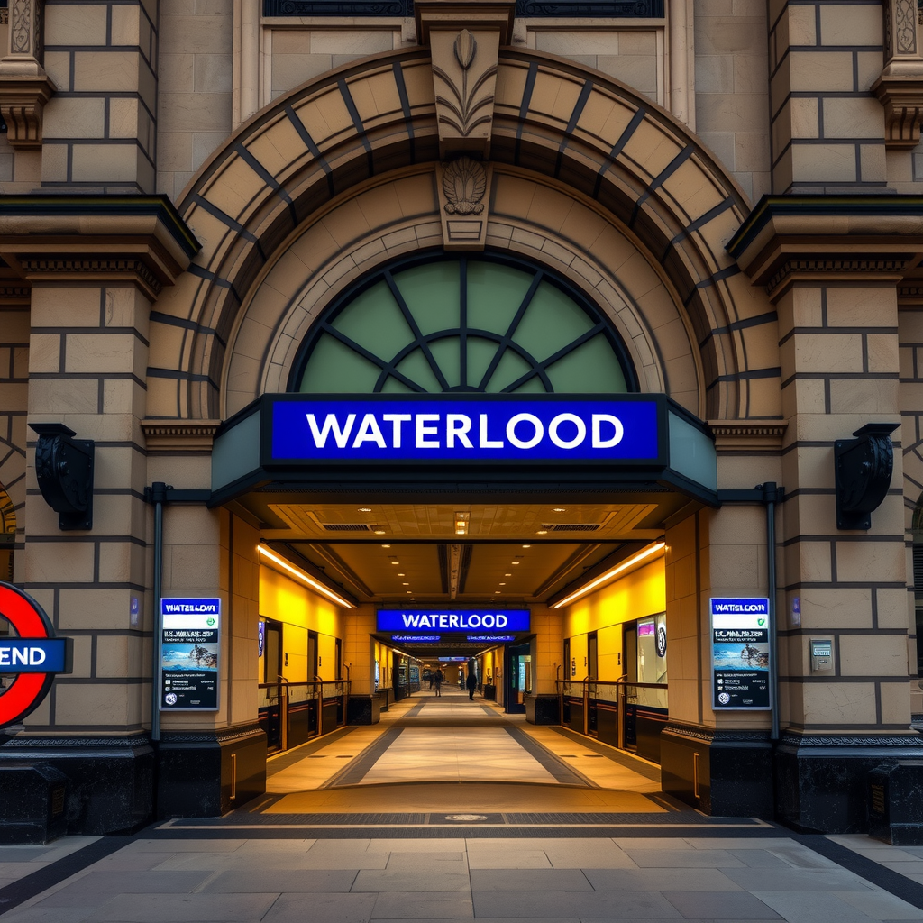 The entrance to Waterloo Underground station, a key transport hub for reaching attractions like the London Eye on the South Bank.